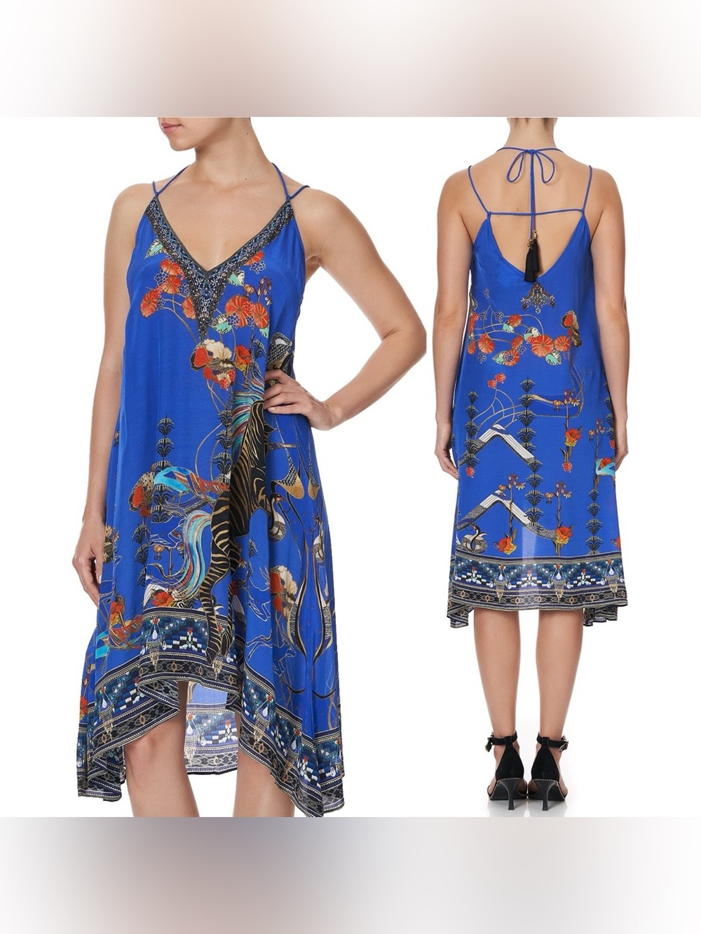 Camilla Crystal Embellished Tree of Life Silk Strappy Flare Dress